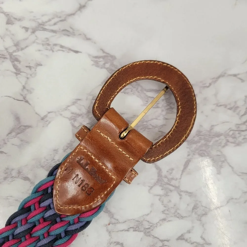 Vintage L.L. Bean Braided Cord Belt Pink Teal Navy Leather Buckle